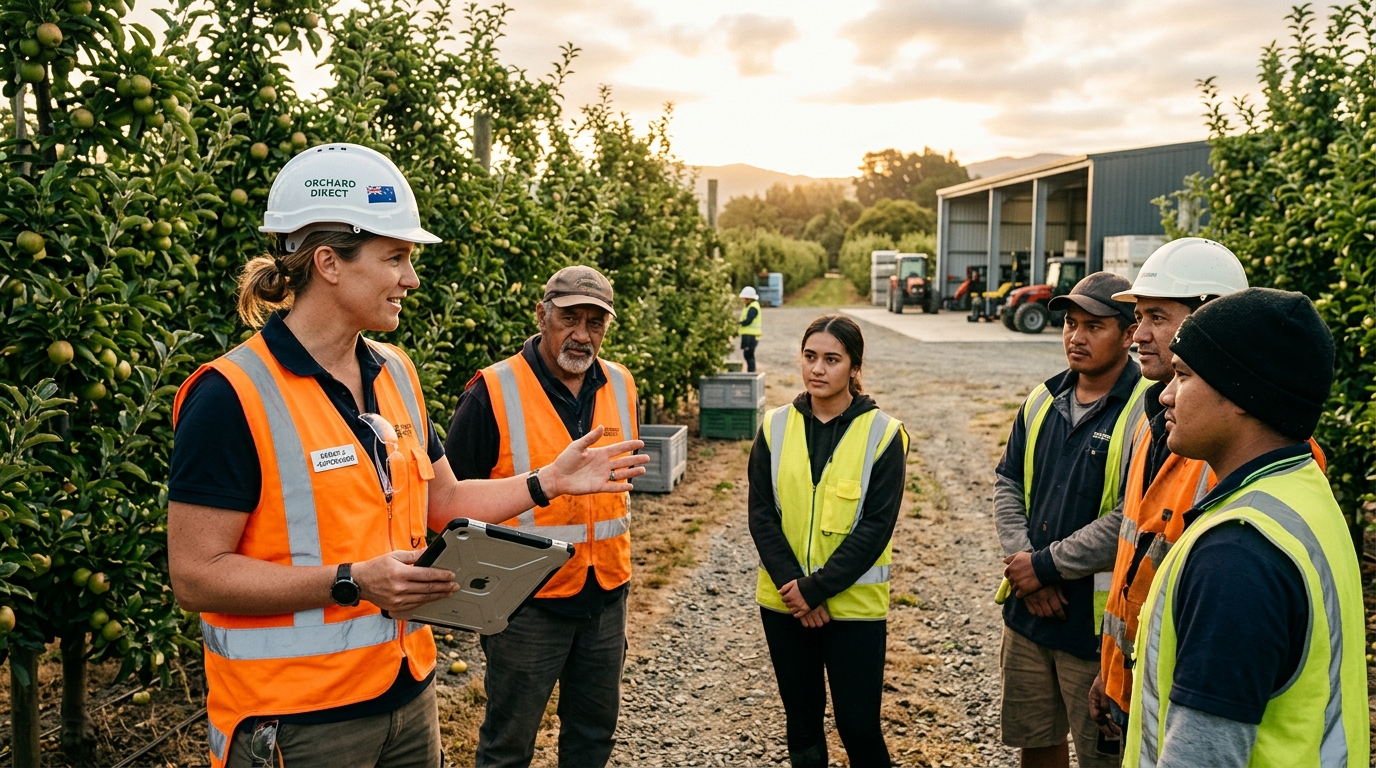 Professional site supervisor in high-vis conducting a safety briefing with agricultural crew in New Zealand